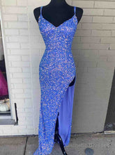 Blue Sequins Criss Cross Back Prom Dress